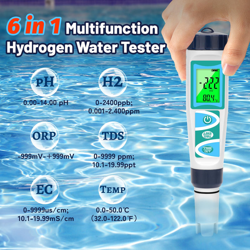 Hydrogen Water Tester pH Meter for Drinking Water Multi-Functional pH H2 ORP TDS EC Temp Tester Accuracy Dissolved Hydrogen Tester pH PPM EC Meter for Household Water Hydroponics Pool