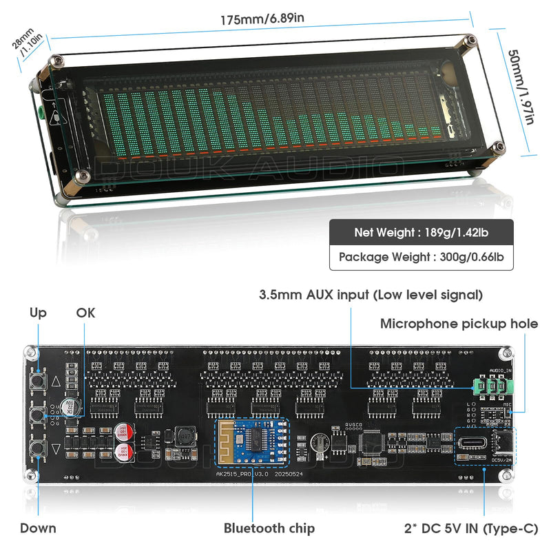 Nobsound VFD Audio Spectrum Analyzer: Sound Level Meter with MIC & Bluetooth Input and Advanced AGC - for Home Audiophiles & Studio Setups (AK2515 PRO V3)