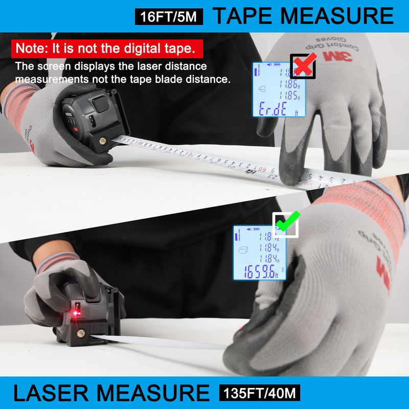 HERZO 2-in-1 Laser Tape Measure 135Ft/40m Laser Measurement Tool & 16Ft/5m Manual Measuring Tape Movable Hook Pythagorean, Area, Volume, Ft/Ft+in/in/M Unit-NOT Digital