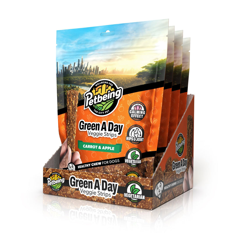 Green A Day Veggie Strips for Dogs | Carrot & Apple Vegetarian Supplement Chews | Healthy Fruit & Vegetable Treats | 4 Pack, 3 oz Bags Carrot, Apple
