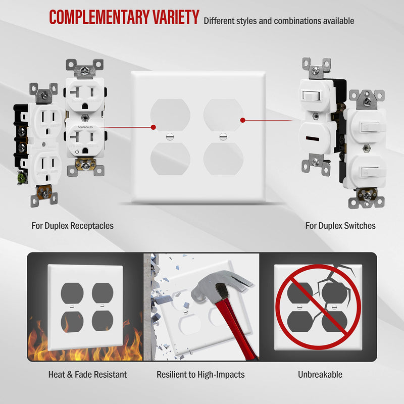 Enerlites 8822-W Duplex Receptacle Outlet Wall Plate, Standard Size 2-Gang, Polycarbonate Thermoplastic, White Screw
