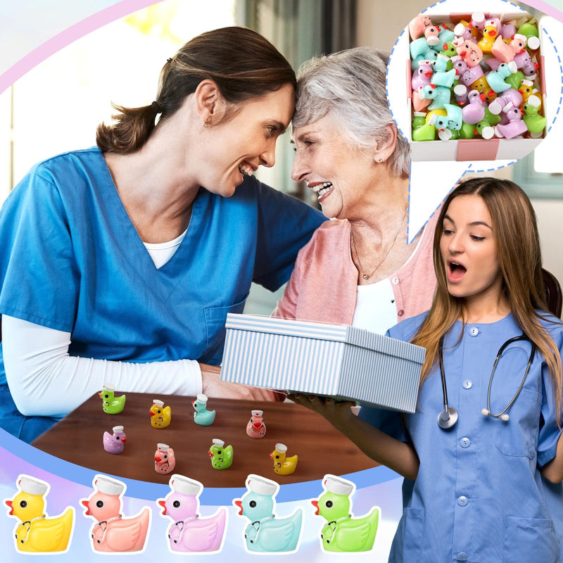 100 Pcs Nurses Week Gifts Bulk Mini Resin Duck Tiny Ducks Statues with Nurse Hat Stethoscope Miniature Figurine Resin Animals Nurses Day Gifts Multicolor