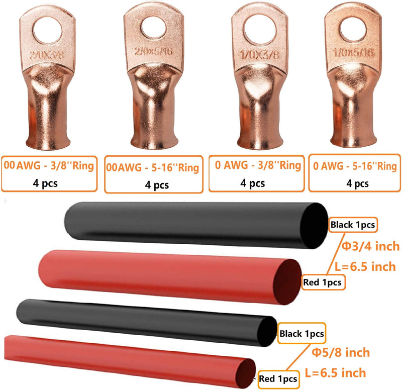 SVAAR 20pcs Battery Cable Ends Kit 1/0 AWG 2/0 AWG Copper Lugs 0 Gauge 00 Gauge Battery Cable Lugs with 3/8" and 5/16" Stud Heavy Duty Wire lugs Ring Terminal Connectors with 3:1 Heat Shrink Tube 00 Gauge 0 Gauge Bare Pure Copper