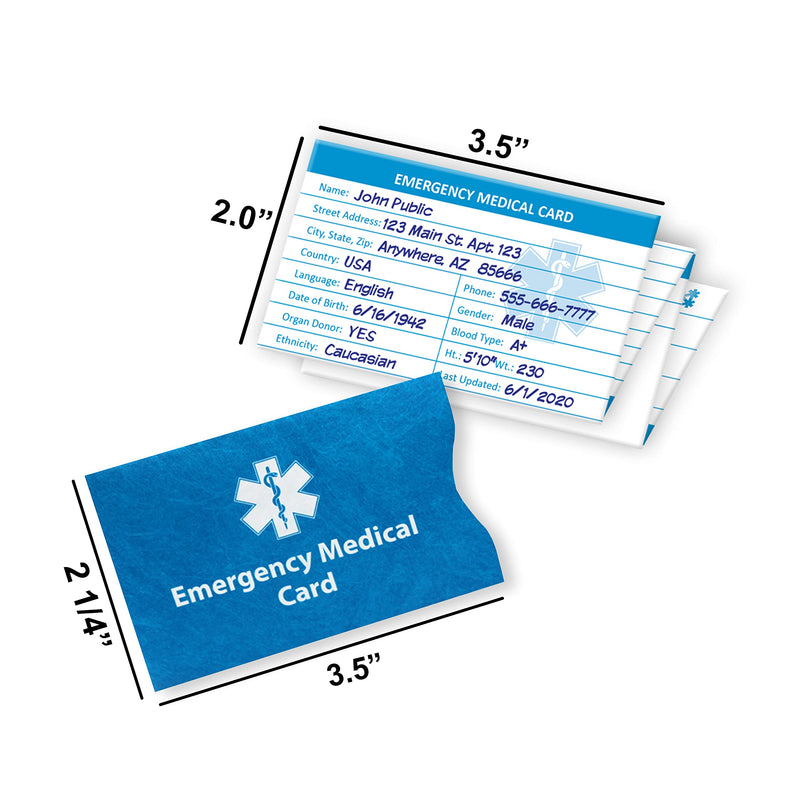 Emergency Medical Alert Informations ID Wallet Cards with Protective Tyvek Sleeves – Recognizable Star of Life Symbol for First Responders, Pocket Size, Pack of 4