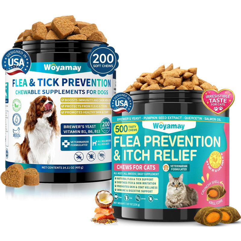 Woyamay Multi-Pet Flea Care Bundle – Dog Flea Prevention Soft Chews + Cat Flea & Itch Relief Crunchy Chews, Natural Skin, Coat & Immune Support for Dogs & Cats, Daily Oral Flea Treatment