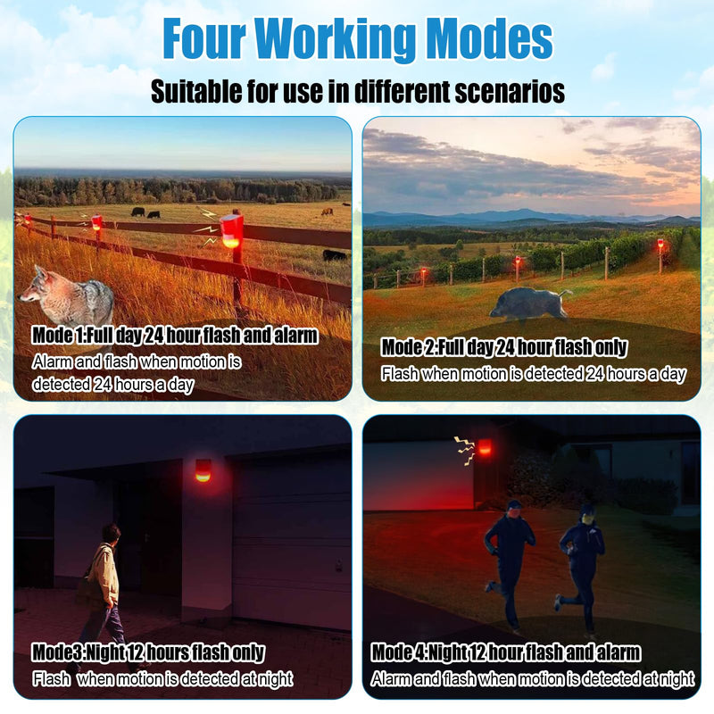 Qualirey 2 Pack Solar Sound and Light Alarm Motion Sensor 129db Outdoor Security Siren Waterproof Motion Activated Detector Alarm 6 LEDs Flash Warning Strobe System for Home, Farm (Red) Red