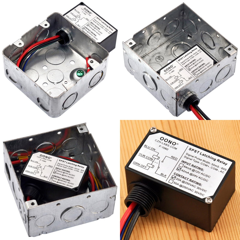 AC/DC 24V SPST 20Amp 250Vac/30Vdc Latching Relay Module, Plastic Enclosure Wired, OONO F-1060 AC/DC 24V