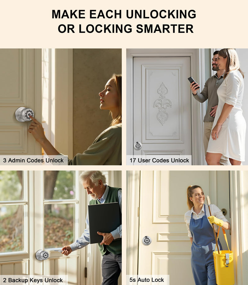 Smart Keypad Door Lock with Handle, Smart Door knobs with Lock, Auto Door Lock with Code and App, Keyless Entry Door Knob for Bedroom, Front Door, Smart Home, Apartment, Local Data Storage Silver
