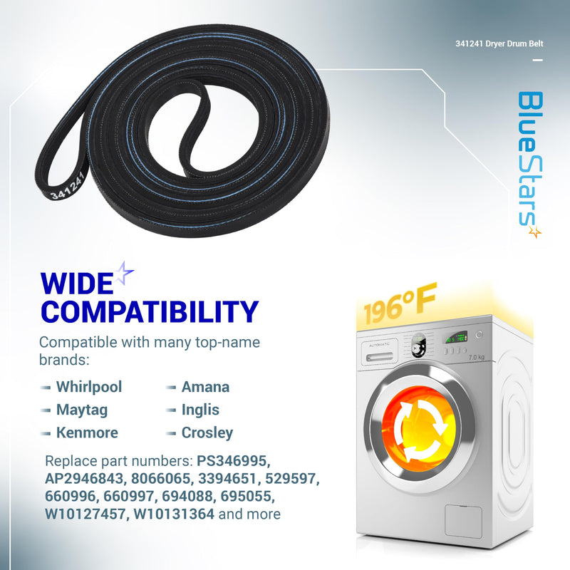BlueStars 341241 Dryer Drum Belt - Compatible with Whirlpool Kenmore Roper Amana Dryers - Replaces 8066065 AP2946843 W10127457 PS346995 14210003 31531589 31001026 3394651 529597 WED4815EW1 NED4655EW1 Pack of 1