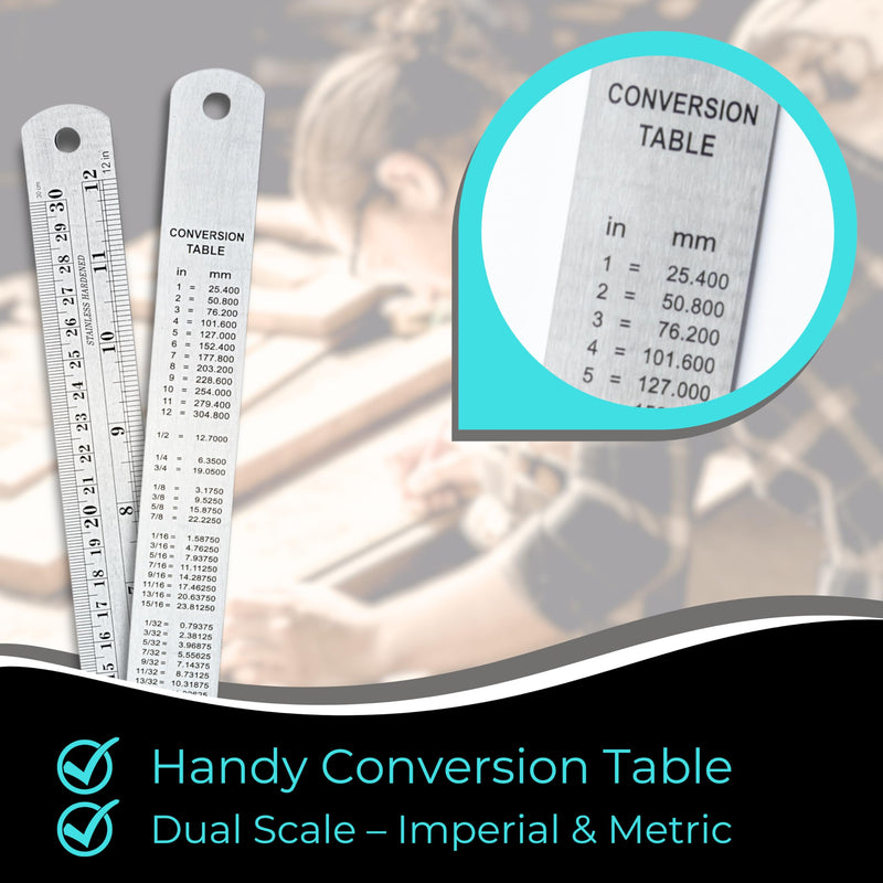 NOKKO Metal Ruler 12 Inch - Pack of 10 - Measuring Set of 12-Inch / 30 cm Stainless Steel Rulers with Imperial & Metric Measurements & Conversion Table - Metal Straight Edge Ruler for Cutting 12 Inch - 10 Pack