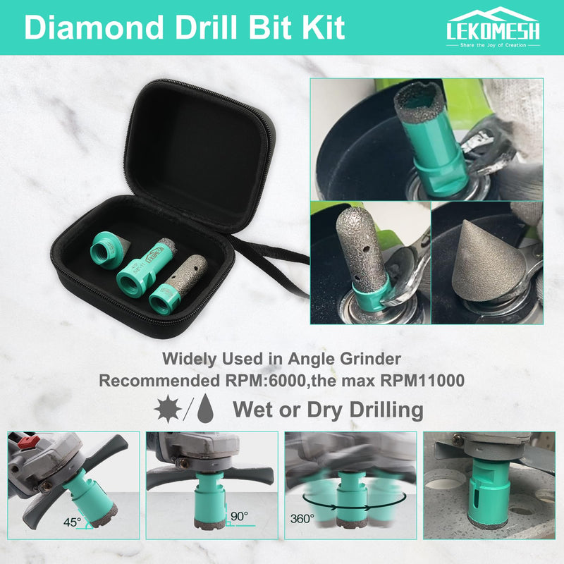 3 PCS Diamond Core Drill Bits Set - Vacuum Brazed Tile Hole Saw Core Drill Bit, Chamfer Beveling Bit & Finger Milling Bit for Porcelain Tile, Granite, Marble, Concrete, 5/8"-11