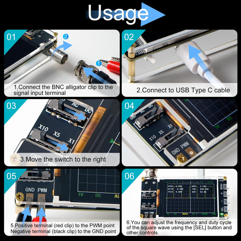 Handheld Digital Oscilloscope Kit, 2.4 LCD Screen 1MSa/s High Sampling Rate, 200KHz Bandwidth,Mini Portable Oscilloscope with Trigger Function Auto/Normal/Single，X10/X5/X1 Sensitivity