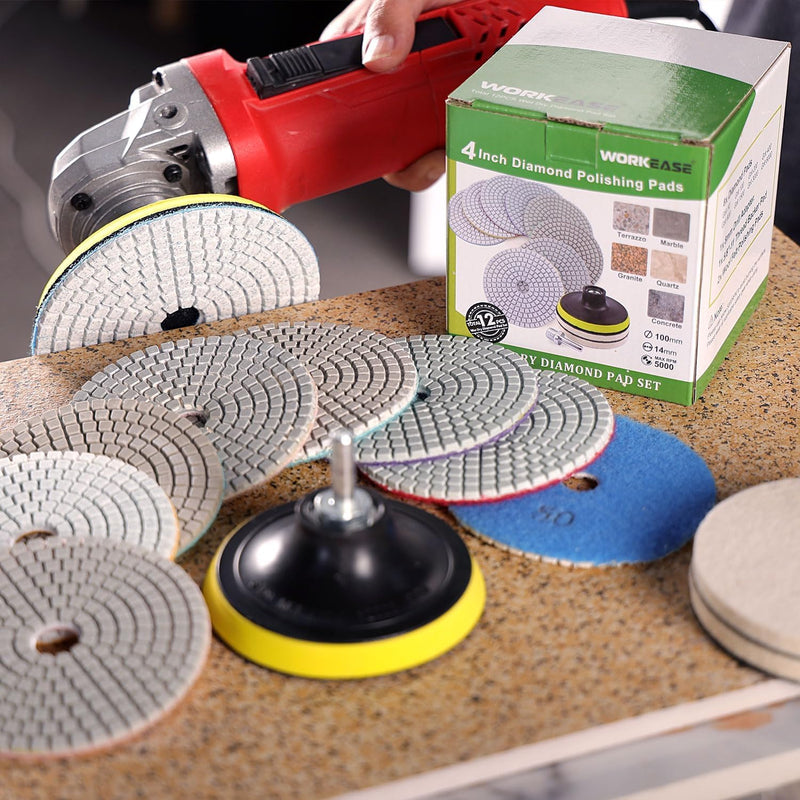 4 Inch Diamond Polishing Pads with 5/8’’-11 Backer Pad, 12PCS Wet/Dry Granite Stone Polish Pad Kit for Drill, Grinder, Polisher, 50-6000 Grit Polishing Pad for Concrete Marble Rock Countertop Quartz 4 Inch 50-6000 Grit