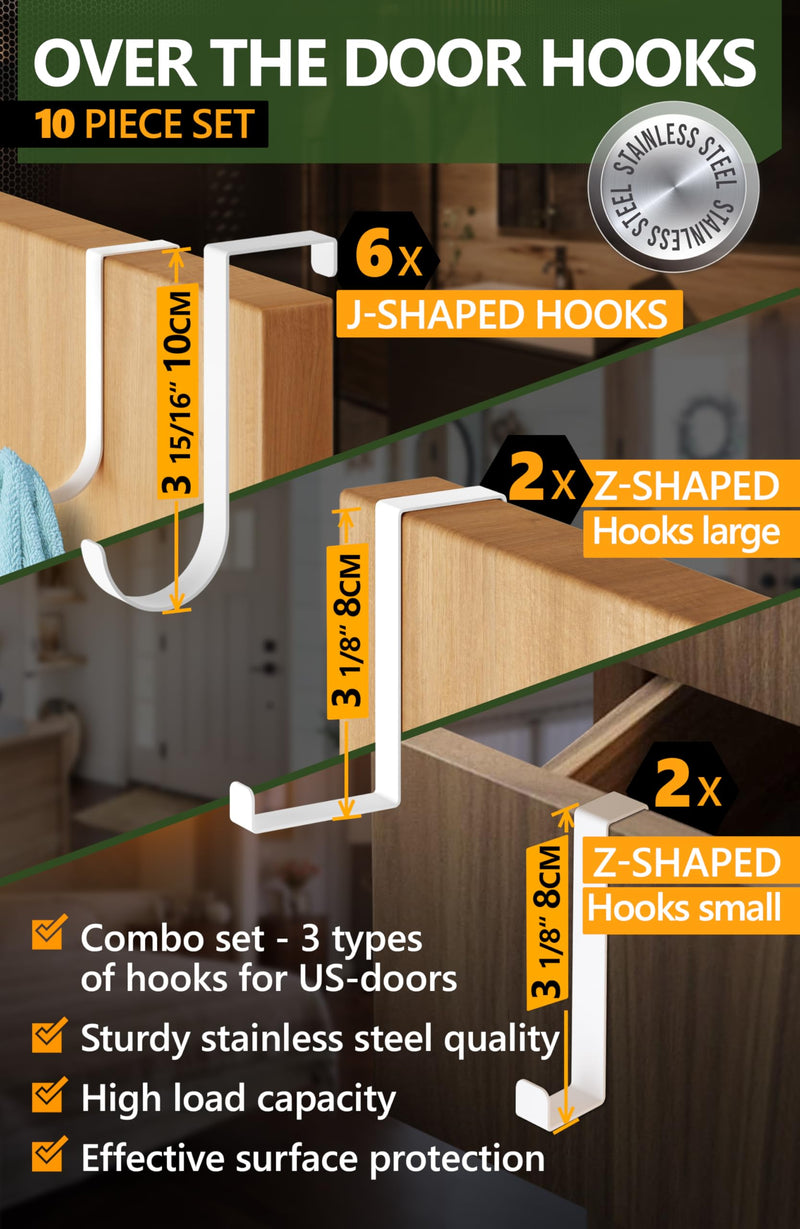 4smile Over The Door Hooks 6+2+2 Set, White - Coat Hanger 6 pcs fits 1 3/8" + Towel Holder 2 pcs fits up to 1 3/4" + Cabinet Hooks 2 pcs - 2-Sided Wreath Hanger with Anti-Scratch & Non-Slip Pads 10 pcs L 4" & 3"
