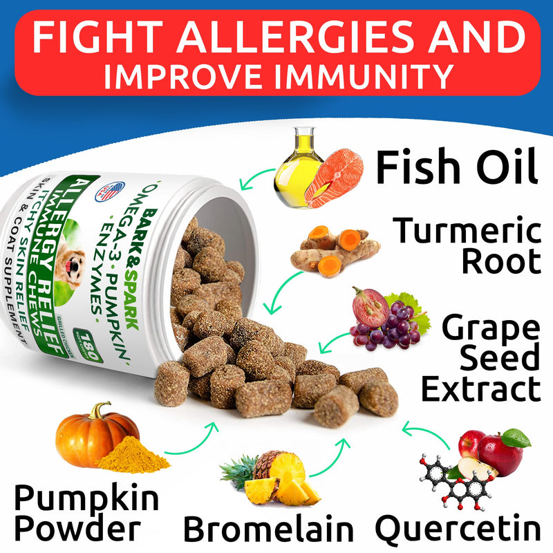 BARK&SPARK Dog Allergy Relief Soft Chews for Skin Health & Seasonal Allergies - Anti-Itch Supplement w/Omega-3, Quercetin & Bromelain Immune Treats for Dry Skin & Hot Spots - Grilled Chicken - 180ct 180Ct - ALLER/Itch (Salmon)