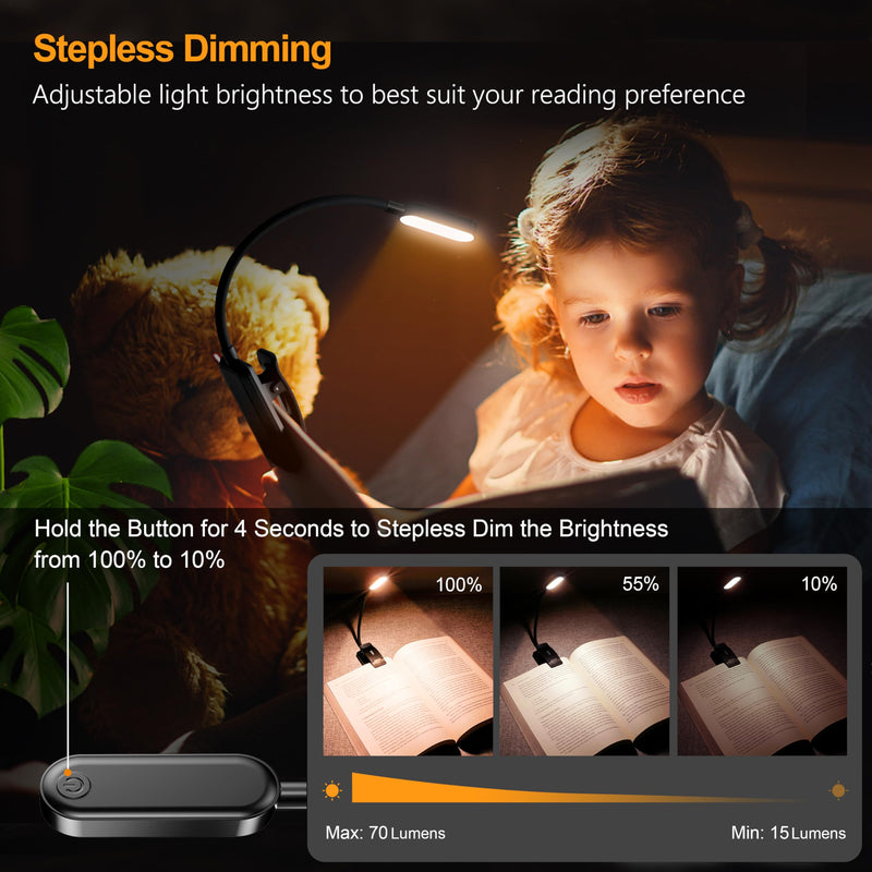 Gritin 16 LED Rechargeable Book Light for Reading in Bed- Eye Caring 3 Color Temperatures, Stepless Dimming Brightness, 80 Hrs Runtime, Lightweight Flexible Clip on Book Light for Book Lovers Black