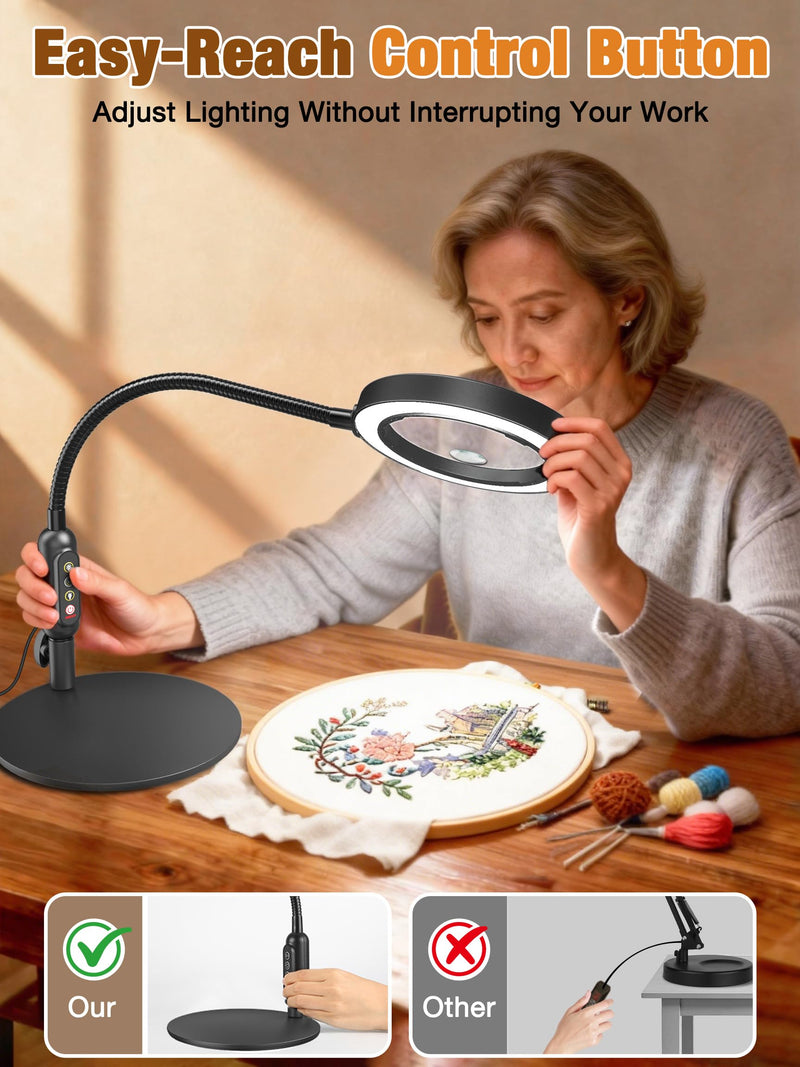 30X 10X Magnifying Glass with Light and Stand, 5 Color Modes Stepless Dimmable, Optical Grade HD Lens, LED Lighted Magnifier Hands Free with Flexible Gooseneck for Close Work, Craft, Hobby, Painting Black