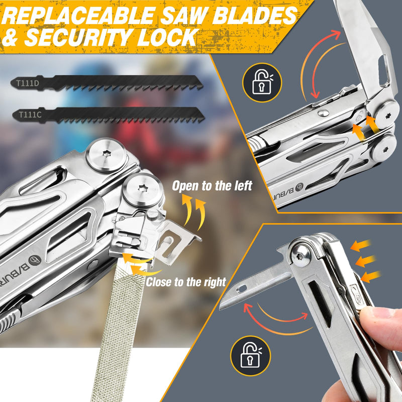 BIBURY Multitool Pliers, Stainless Steel Multi Tool Pliers with Replaceable Wire Cutters and Saw, Foldable Multitools with Scissors and Screwdriver, Ideal for Camping, Hiking, Survival, Repair Silver