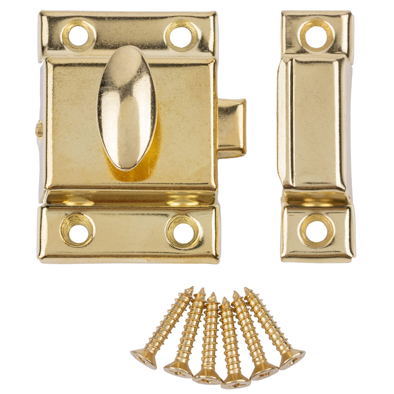 Large Stamped Brass Stamped Cabinet Door Latch - 2 1/8" × 2 1/8" - Pack of 6 - Spring Loaded Cupboard Door Latch with Oval Turn - Vintage Cabinet Hardware | UA-140-LPB (6)