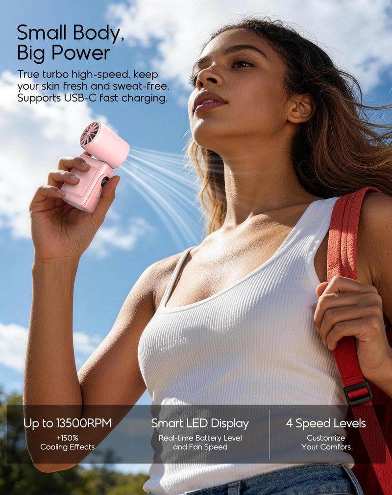 Portable Clip-On Mini Fan, Hands-Free, Turbo Personal Handheld Fans Rechargeable w/ 4 Wind & LED Display, Pocket Size Summer Cooling Essentials for Travel/Eye Lash/Beach/Concert, Gifts for Women(Pink) Pink