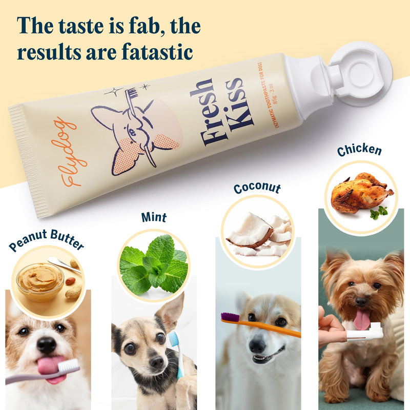 FlyDog Fresh Kiss Enzymatic Dog Toothpaste Kit - Vet Approved Organic Fomula with Coconut Oil, Tartar Remover for Dogs & Cats, 2 Tubes Pack with Toothbrushing Calendar & Brush Guide, Mint Flavor Mild Mint - PawsPlanet Australia