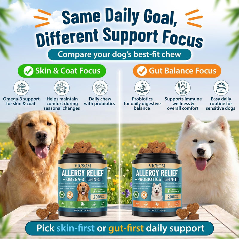 Dog Allergy Chews Omega 3 is Human, Dog Allergy Relief Itch Relief, 200 Chews Anti-Itch for Dogs Itchy Skin, Ear & Paw Licking, Allergy Relief Chews with Probiotics Fish Oil for Gut, Immune & Coat