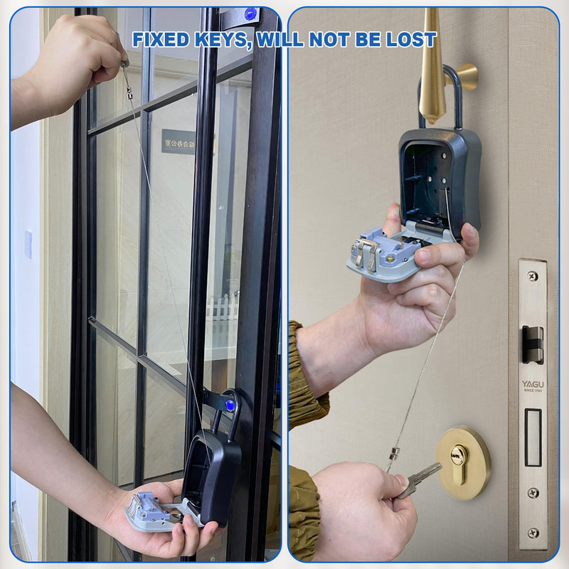 Key Lock Box for Outside, Portable Waterproof Wall Mounted Changeable 4-Digit Combination Key Storage Lockbox, (With Retractable Key Tether+With Shackles) With Retractable Key Tether+With Shackles