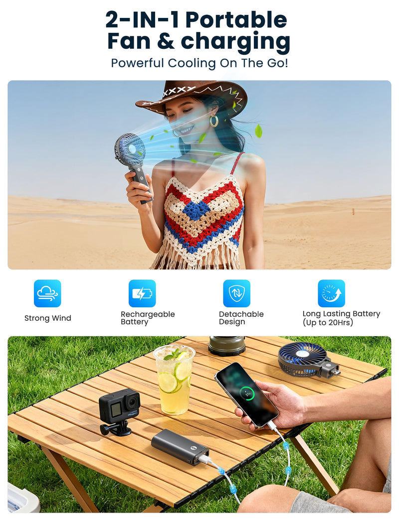 HandFan 5200mAh Handheld Portable Fan, Hand Held Fan, Up to 20H LongRuntime Blue‑Blade Matte Black