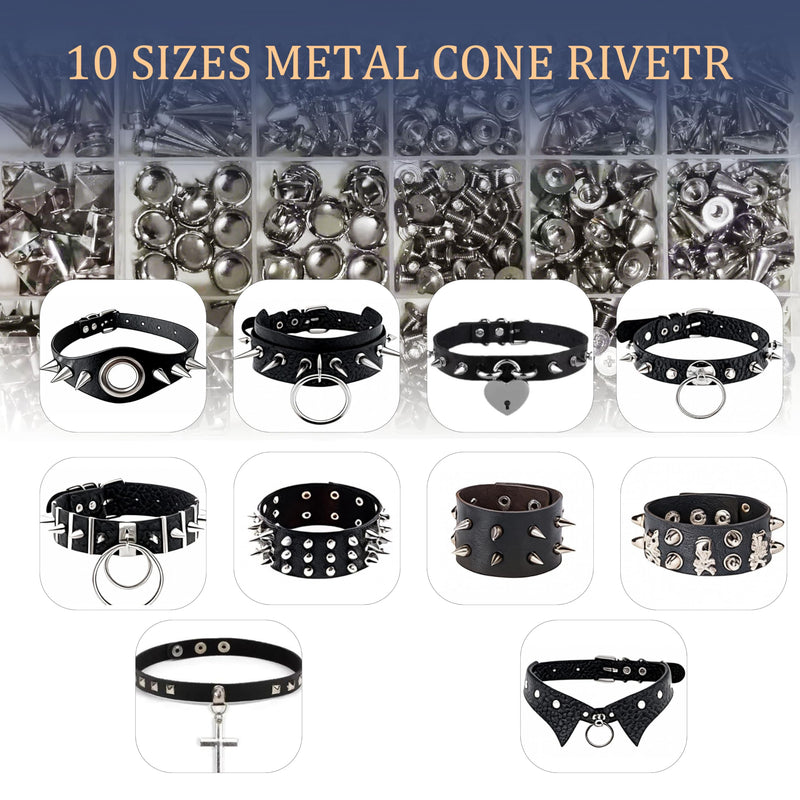 455 Pcs Punk Spikes and Studs Kit, 10 Sizes Metal Cone and Square Studs for Clothing and Leathercraft, DIY Punk Style Decoration for Jackets, Bags, Belts and Dog Collars