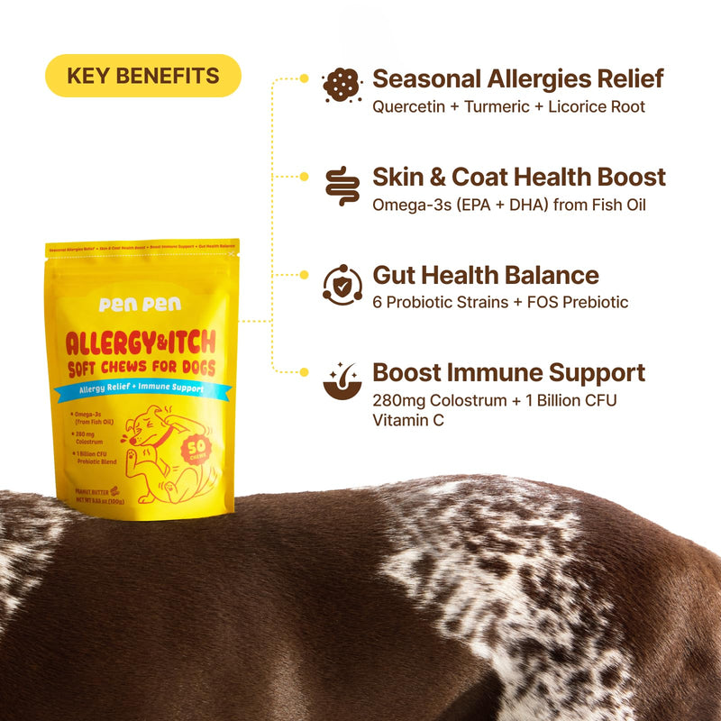PENPEN Dog Allergy Relief Chews, Dog Itching Skin Relief, Omega 3 for Dogs Itch Supplement, Relieve Seasonal Allergy, Provide Immune Support (Peanut Butter Chews, 50ct) 50 Chews