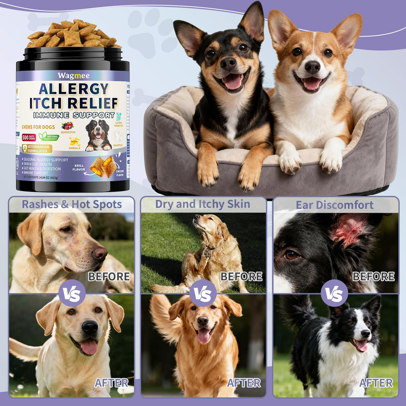 Dog Allergy Relief Chews - Dog Itching Skin Relief 500 Ct, Anti Itch Licking Paw & Yeast Relief, Itchy Skin and Ears for Seasonal Allergies, Probiotics Gut Digestive & Immune Support