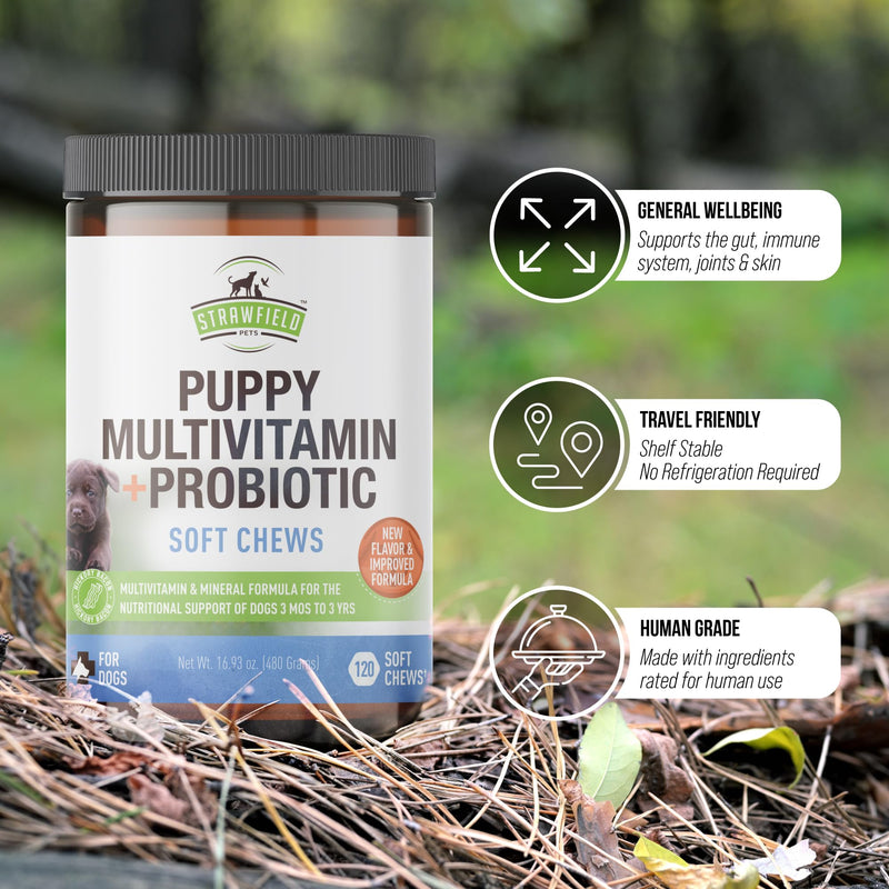 Strawfield Pets' Puppy Multivitamin + Probiotics for Dogs Puppy Vitamins with Joint Support Supplement for Dogs & Puppies Tasty Bacon Flavor 120 Soft Chews Hickory Bacon