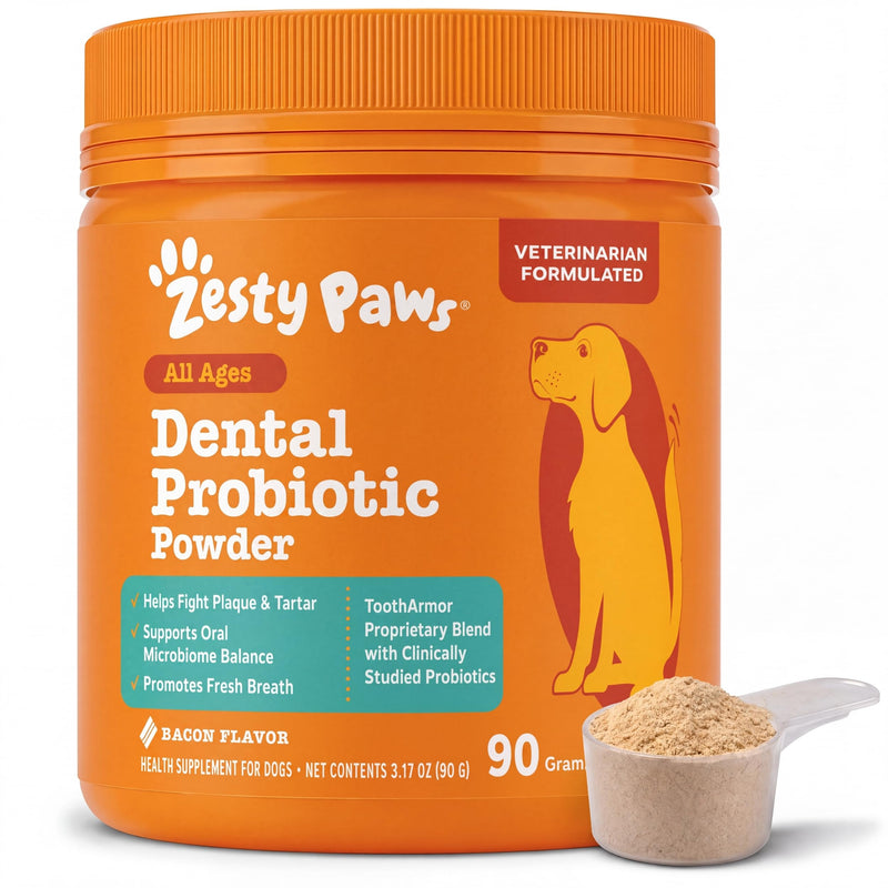 Zesty Paws Probiotic Dental Powder for Dogs Teeth - Fights Plaque, Tartar & Bad Dog Breath - Dog Teeth Cleaning Powder for Oral Microbiome & Gut Health - Pet Supplement for Dental Health 90 Count (Pack of 1)