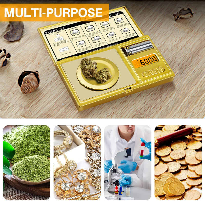 THINKSCALE 50g/0.001g Digital Milligram Scale, Gold Mg Scale with 50g Calibration Weight, Powder Scale for Reloading, Micro Gram Scale, Miligram Scale for Powder Medicine