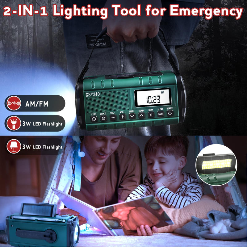 Emergency NOAA Weather Alert Radio with Solar & Hand Crank USB-C Charging Portable AM/FM Radio 3W Flashlight, Reading Lamp, Cell Phone Charger, SOS for Hurricane, Storm, Camping Emergencies Army Green