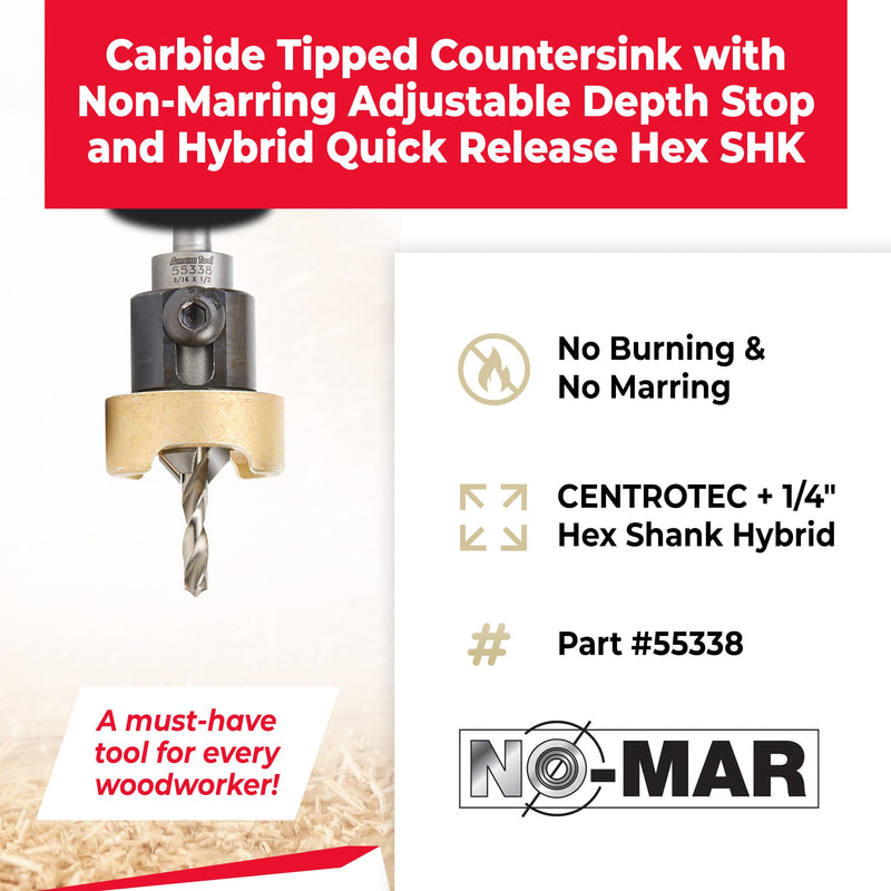 Amana Tool Carbide Tipped Countersink Drill Bit and Depth Stop, Compatible with Festool CENTROTEC, 55338, 1/2 D x 3/16 Drill Dia x 1/4 Inch Shank