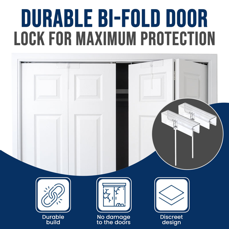 (2- Pack) - Safety Innovations Bi-fold Door Lock - Closet Protection Child and Pet Proof Bi-fold Door Lock - Tool-Free Installation - Unbreakable Clear Polycarbonate - for 1 3/8" Thick Wood Doors