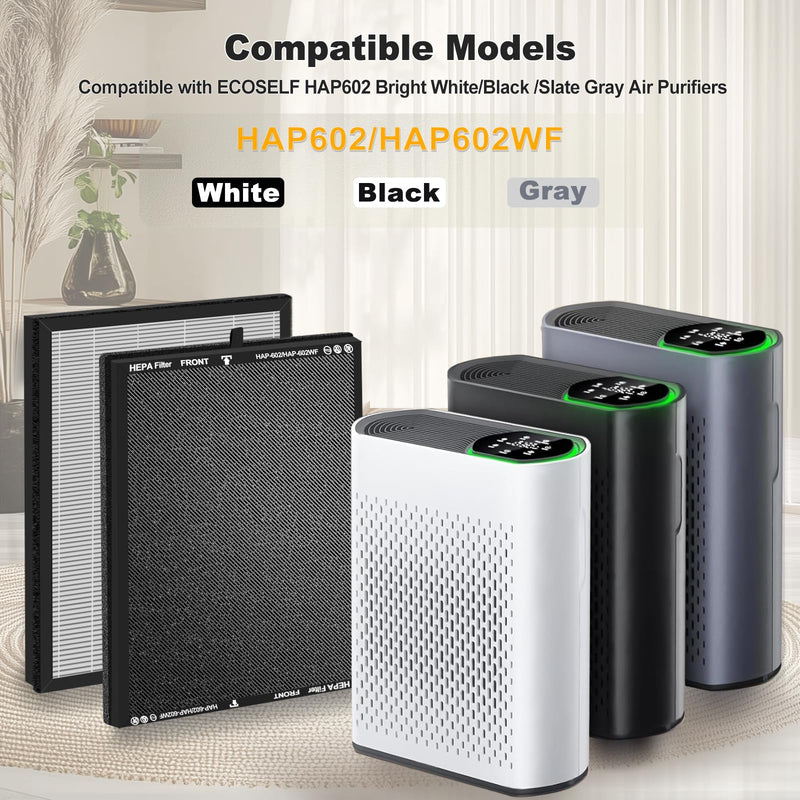4Pack HAP602 Replacement Filter Compatible with ECOSELF HAP602 HAP602WF Air Purifier, 3-in-1 Composite HEPA Activated Carbon Pre-Filter, Black 4Packs