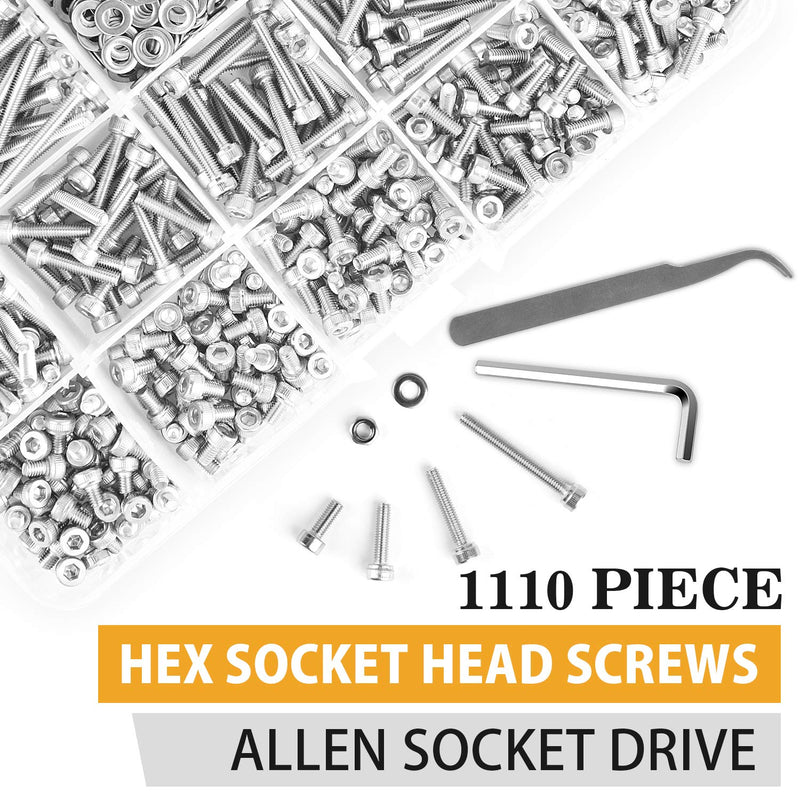 VIGRUE 1110PCS M3 Hex Socket Head Cap Screws Nuts Kit, M3 x 4/5/6/8/10/12/14/16/18/20/25/30mm Stainless Steel Screws Assortment Set w/Allen Wrench and Tip Curved Tweezer M3 socket cap