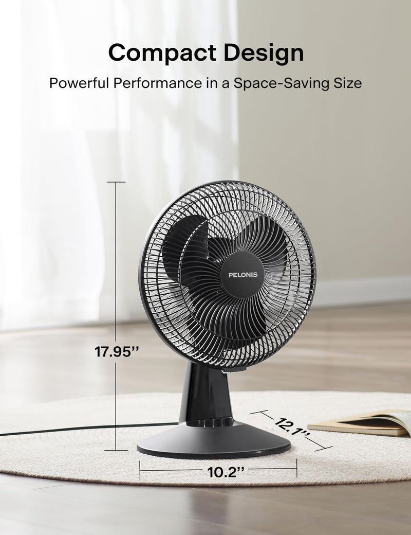 PELONIS Table Fan 12-Inch, 120° Oscillating Table Fan Small Portable Electric Plug-In Desk Fan with 3-Speeds, 126° Adjustable Tilt Head for Bedroom and Office Black 9 inch Table Fan