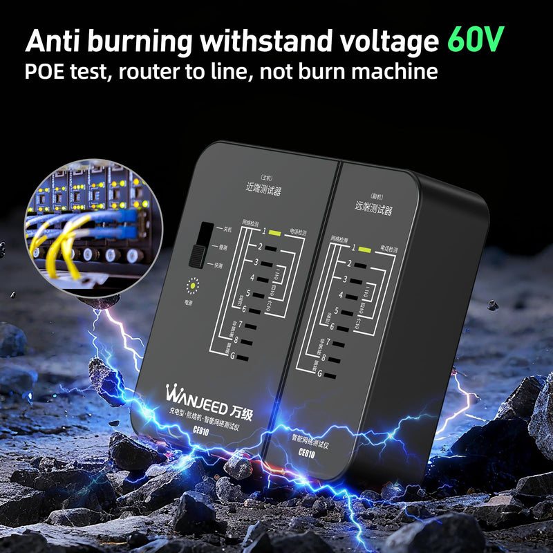 Professional Rechargeable Network Cable Tester - for RJ45/RJ11/RJ12, Tests CAT5/CAT5e/Cat6/Cat6a/CAT7 UTP/STP, PoE & CAT3, Wire Mapping, Fault Finder-Black-CE810 Charging Ethernet Tester-Black