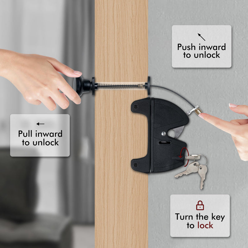Key Lockable 2 Sided Gate Latch with Spring Pull Cable and Key,2 Way Gate Fence Lock for Outdoor Gates,Locking Gate Door Lock Fence Latch Gate Hardware for Metal,Wood,Vinyl Fence,Black Finish
