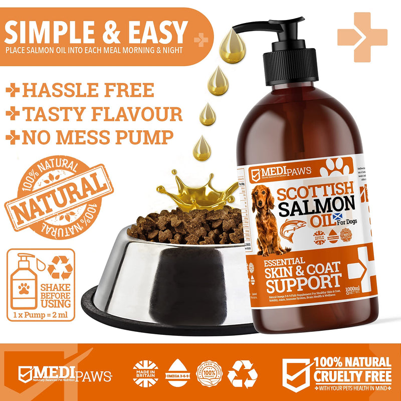 MediPaws® Dog Supplement | Scottish Salmon Oil For Dogs 1000ml | Supports Dog Skin And Coat, Dog Itchy Skin & A Moulting Dog | Omega 3 Fish Oil | Perfect For Dog Grooming & Dog Food 1 l (Pack of 1) - PawsPlanet Australia