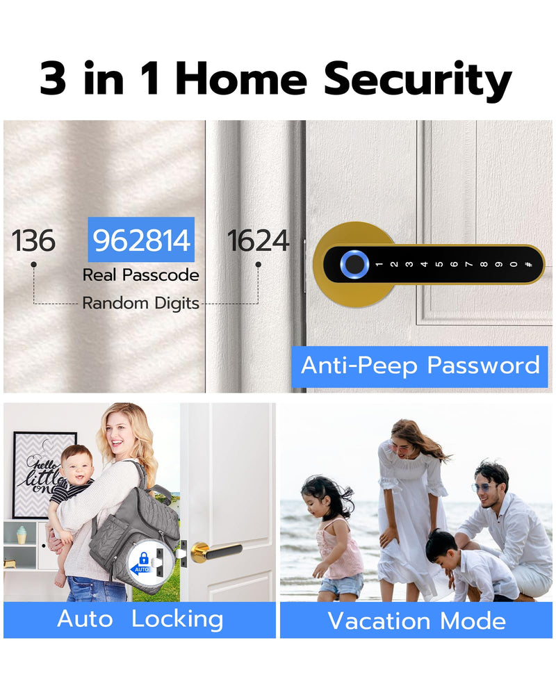 Fingerprint Handle Door Lock Smart Door Lock Levers eLinkSmart Digital Keyless Entry Door Knob Watch App Open Knob Lock for Bedroom Gold