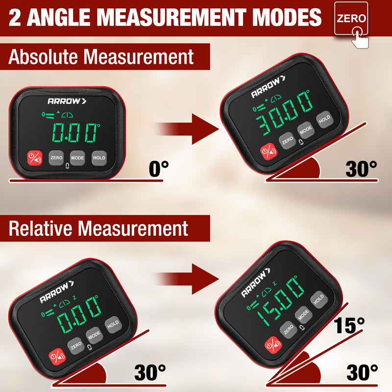 ARROW Digital Angle Gauge with Magnetic Base for Table Saw, Woodworking, Pipe Installation, ±0.1° Accuracy Angle Finder with Calibration, Dual Range, Auto-Rotating LCD Display with Audible Indicator