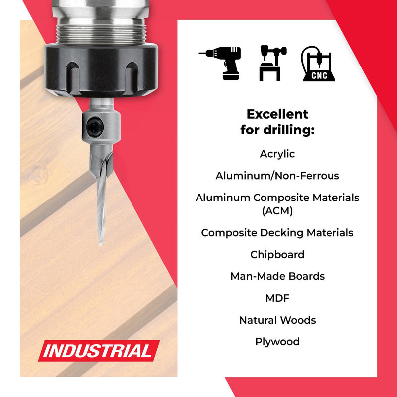 Amana Tool Carbide Tipped Countersink Drill Bit, 55203, 6 Screw, 5/16 Dia x 1/8 Drill Dia x 5/16 Round Shank