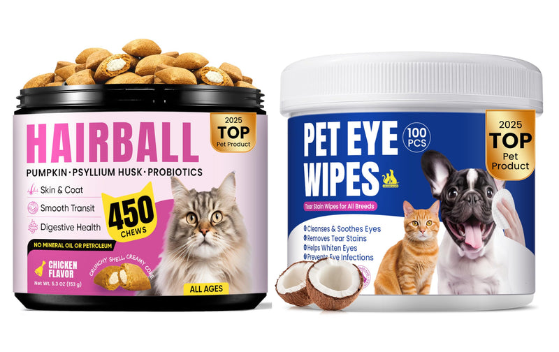 Hairball & Eye Care Bundle for Cats – Hairball Remedy Treats + Eye Cleaning Wipes