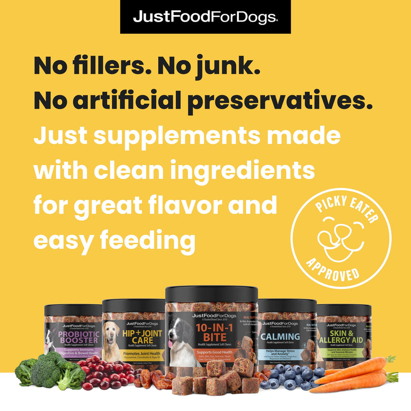 JustFoodForDogs Hip and Joint Supplement for Dogs, Human Grade Glucosamine Chondroitin Dog Supplements, Multivitamin Soft Chews, Omega 3 Oil, Superfood Blend, Plant Based Dog Vitamins - 45 Count Hip + Joint Care