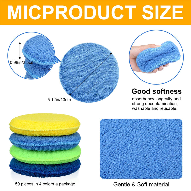 Tallew 50 Pcs Car Wax Microfiber Applicator Pads 5" Diameter Polishing Foam Pads Tire Soft Foam Sponge for Cars Detail Buffing Cleaning Polishing(4 Colors) 4 Colors