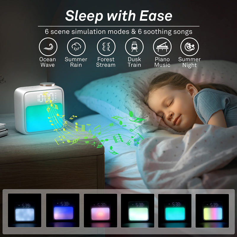 AIRIVO Alarm Clock Night Lights, Built-in Battery Alarm Clock for Bedrooms, 6 Scenes & White Noise Sync, Dual Alarms & Snooze, for Heavy Sleepers, Gifts for Kids Teens Beige